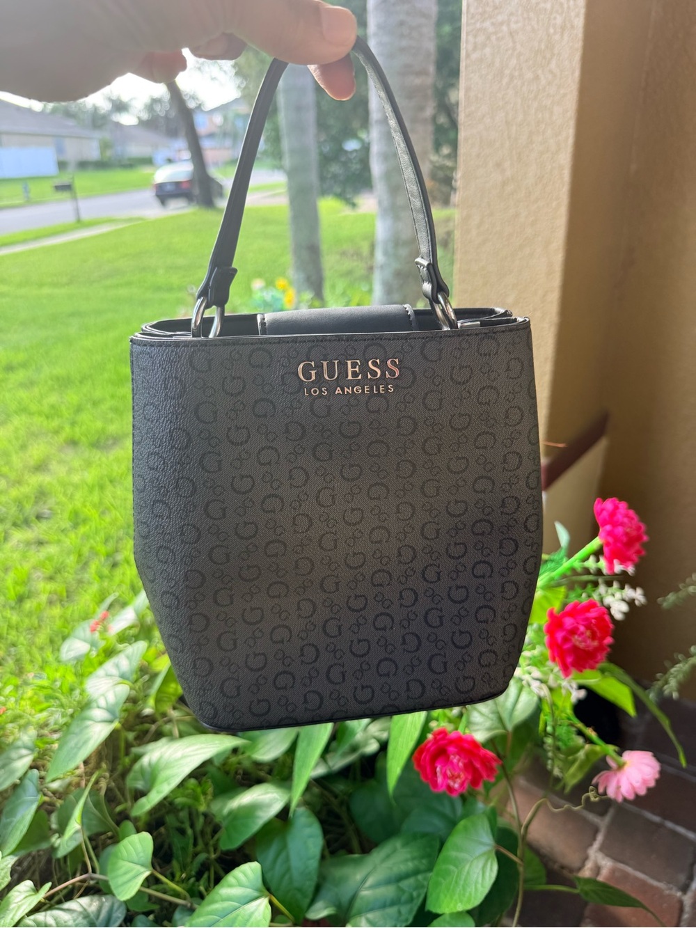 GUESS Black Mini Signature Tote with Gold Logo
